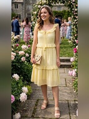 Bindu Midi Dress S Butter Yellow Eyelet Cotton Tiered Ruffle Boho Summer Lined